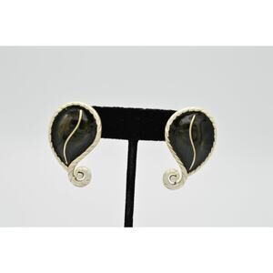 MJ Ent Vintage Leaf Earrings Black Enamel Brushed Silver Chunky Signed 1980s BnS